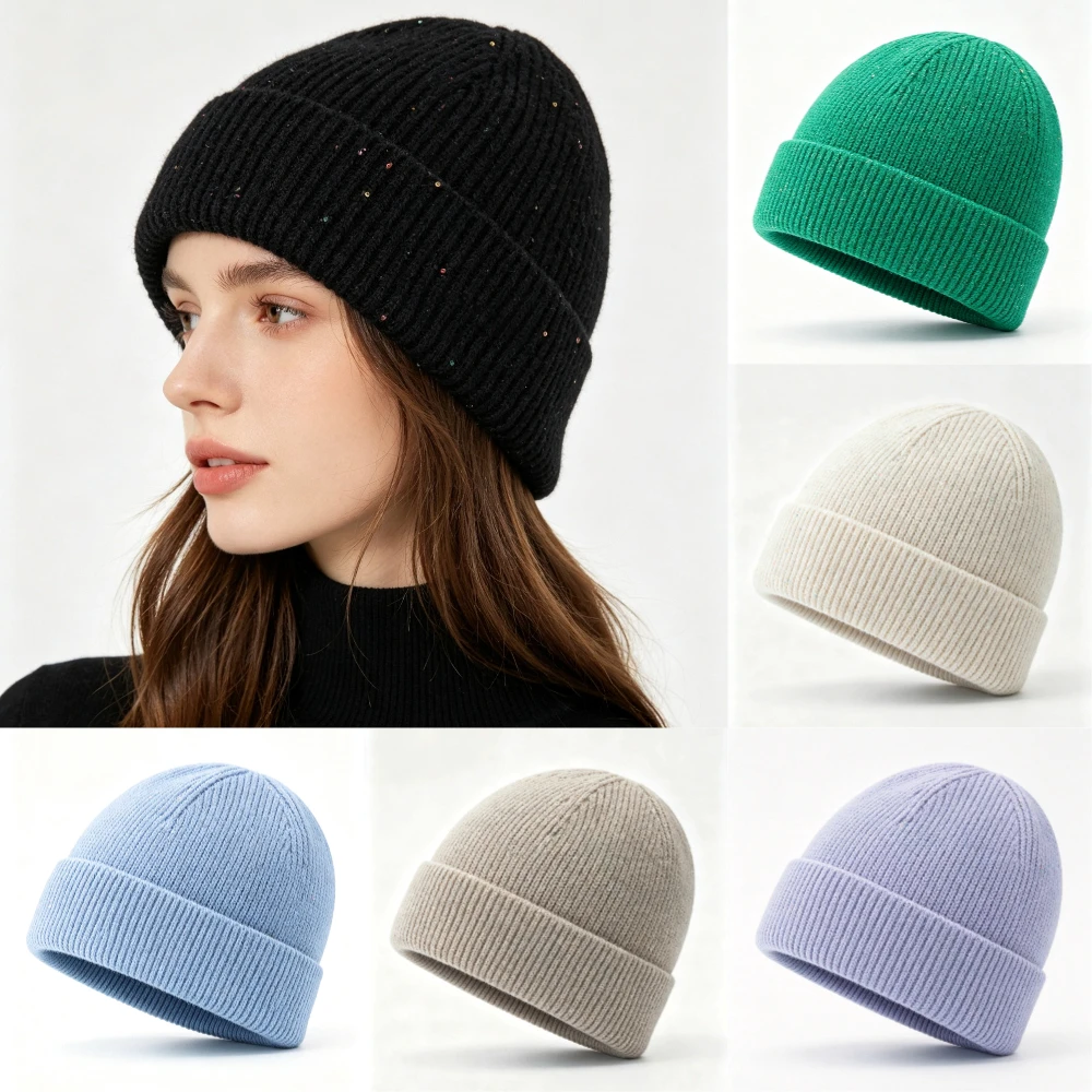 Beanie Cuffed Knit - 新作の女性用リブ編みニット帽、斑点模様のグリッター装飾が施された冬用帽子、上品なストリートスタイルの秋冬用帽子。