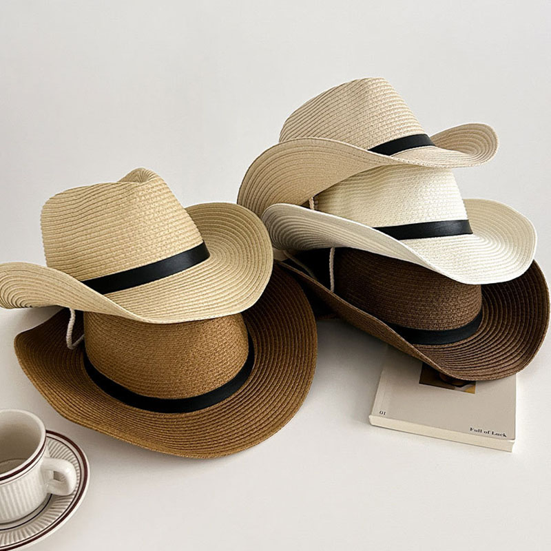Cowboy Hat Straw - 熱い販売春ウエスタンカウボーイキャップ麦わら帽子 UV 保護調節可能なラフィア太陽の帽子ビーチ釣り屋外フェスティバルシルクハット