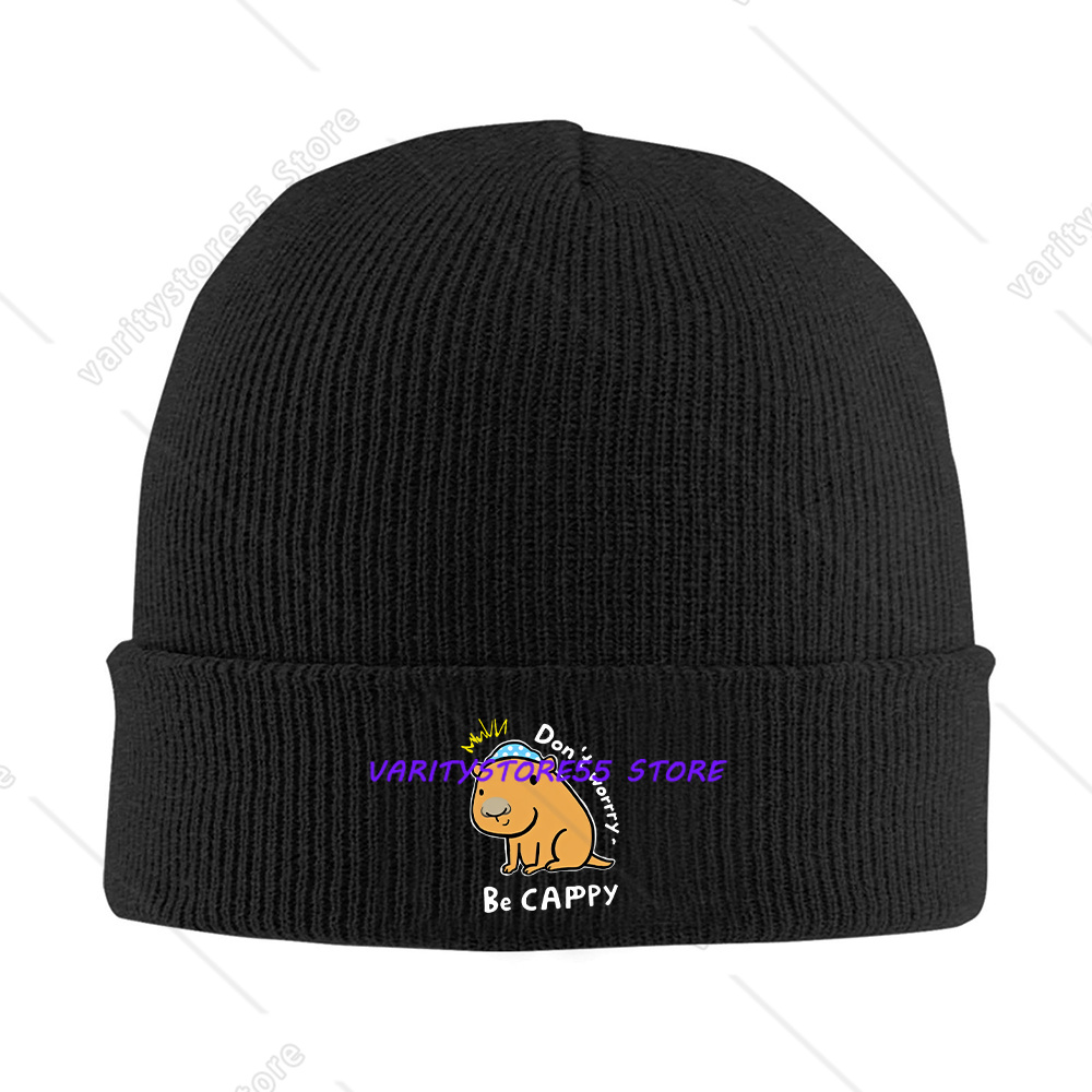 Beanie Cuffed Knit - 面白いカピバラの言葉がプリントされたニット帽、黒のリブ編みの冬用帽子、伸縮性があり暖かい、男女兼用のかわいい動物柄の普段使いにぴったりの帽子。