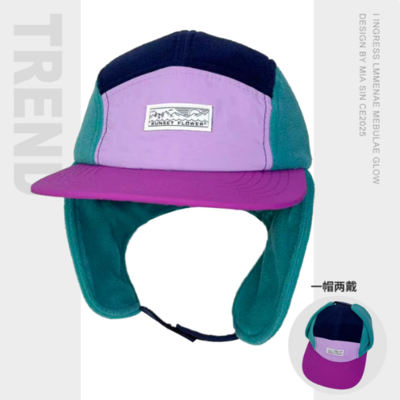 Corduroy Cap 5 Panel - 韓国製冬用ポーラーフリースカラーブロック五枚パネルフライングベースボールキャップ男女兼用アウトドア暖かい耳当て付きボンバーハット